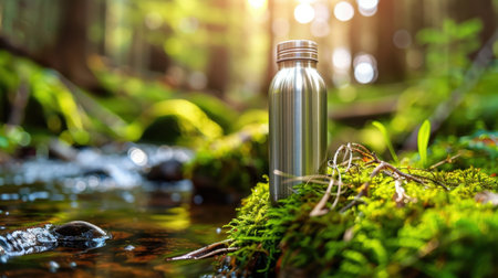 A sleek stainless steel water bottle rests on a moss-covered rock beside a gentle stream, surrounded by vibrant greenery. The golden sunlight filters through the trees, creating a serene and refreshing atmosphere perfect for nature lovers and adventurers.の素材