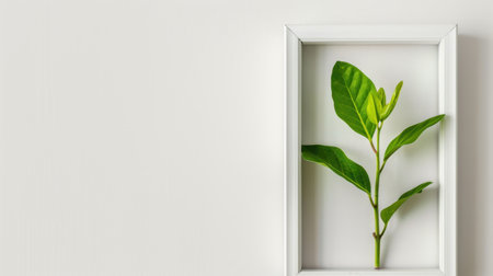 Minimalist display featuring a fresh green leaf framed against a clean white wall, ideal for home decor, nature themes, and modern aesthetic styling.の素材