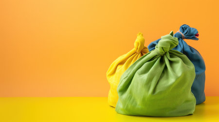 Three vibrant fabric bags in green, yellow, and blue, tied at the top, set against a vivid orange background, perfect for artistic or marketing purposes.の素材