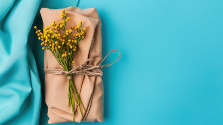 A beautifully wrapped gift on a vibrant blue background features soft fabric and charming yellow flowers, perfect for special occasions or celebrations.の素材