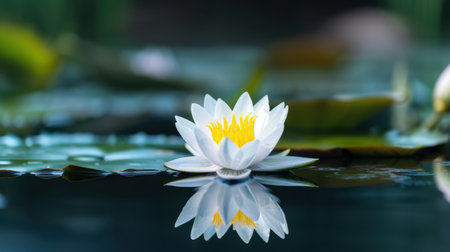 A beautiful white water lily gracefully floats on the calm surface of a pond, showcasing vibrant yellow petals and a stunning reflection amidst lush green foliage.の素材