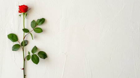 A stunning single red rose with lush green leaves stands gracefully against a soft white textured background, symbolizing love and romance. Perfect for various themes.の素材