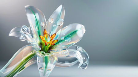 A stunning close-up of a delicate lily flower, featuring translucent petals adorned with water droplets, set against a soft pastel background, symbolizing beauty.の素材