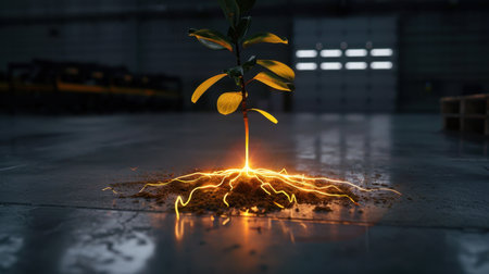 A dynamic seedling springs forth from the ground, illuminated by ethereal light, symbolizing renewal and the power of growth in a contemporary space.の素材