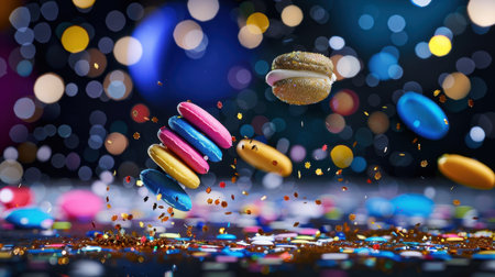 This vibrant image showcases colorful macarons floating in midair amidst sparkling confetti and a bokeh effect, perfect for celebrations and sweet indulgence.の素材