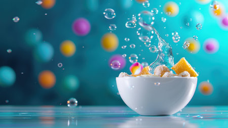 A captivating image of a white bowl filled with dessert, showcasing a dynamic water splash surrounded by colorful bubbles, evoking feelings of freshness and joy.の素材