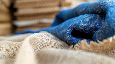 A close-up view captures the intricate textures of blue and beige fabrics, showcasing natural fibers. The soft draping creates a cozy atmosphere, perfect for design.の素材