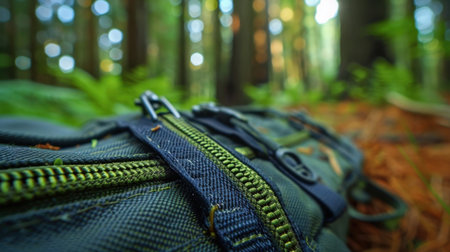 A close-up view of a backpack zipper reveals intricate details with a lush forest backdrop featuring green foliage and blurred trees. Perfect for outdoor themes.の素材