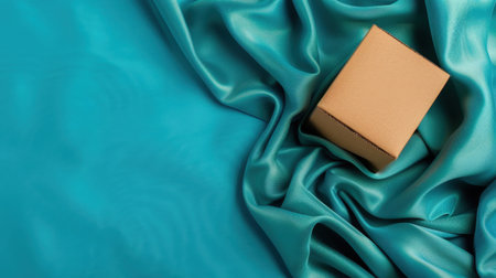 A brown cardboard box sits elegantly on a smooth turquoise silk fabric, showcasing gentle folds and textures, ideal for packaging or gift themes.の素材