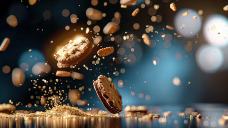 Delight in the whimsical beauty of cookies in motion as they fall amidst a sprinkle of sugar, capturing the essence of indulgence and culinary joy.の素材