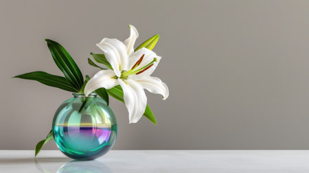 A stunning white lily gracefully stands in a colorful glass vase, showcasing elegance and simplicity in a minimalist setting against a soft gray background.の素材