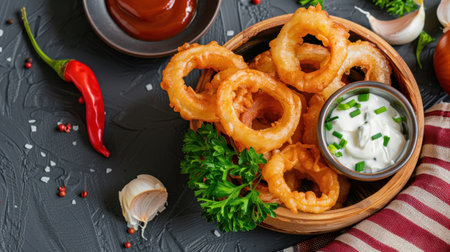 A delectable serving of crispy onion rings in a wooden bowl accompanied by dipping sauce and fresh herbs, perfect for snacks or appetizers.の素材