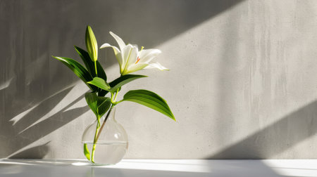 A serene composition featuring an elegant white lily in a glass vase against a gray wall, enhanced by soft shadows and warm sunlight, creating a calming ambiance.の素材