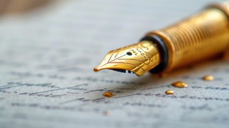 This image captures an elegant gold fountain pen resting on a vintage handwritten letter, with ink droplets on the aged paper, evoking a sense of artistry and nostalgia.の素材