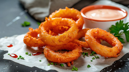 Delight in a platter of crispy fried onion rings served with a creamy dipping sauce, perfect for snacking or as an appetizer in any meal.の素材