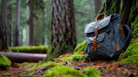 A stylish backpack with leather straps rests on vibrant green moss in a tranquil forest. Towering trees frame the scene, highlighting the beauty of nature.の素材