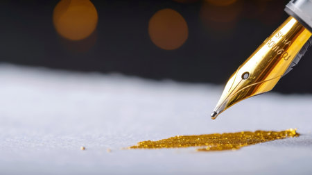 This close-up photograph captures a golden fountain pen nib poised to create an ink drop on pristine white paper, enhanced by a bokeh background.の素材