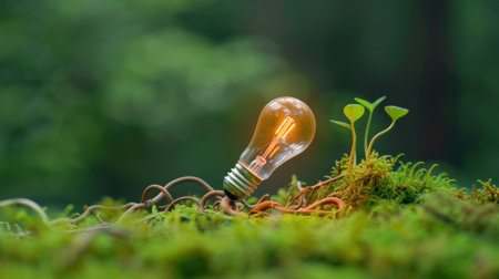 A captivating light bulb nestled among lush green plants and vibrant moss brings a touch of innovation to nature. Perfect for eco-friendly themes.の素材