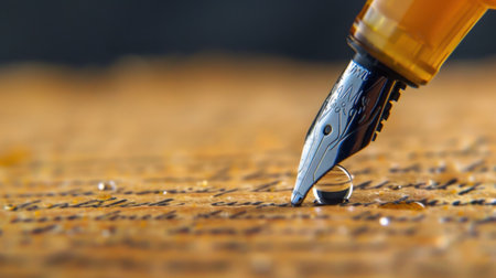 A captivating close-up of a fountain pen poised to write on an antique manuscript, showcasing detailed craftsmanship and fluid ink flow with a delicate water droplet.の素材