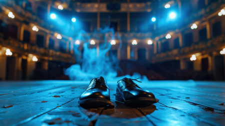 A striking image of classic black dress shoes placed center stage in a theater, surrounded by dramatic lighting and swirling smoke, evoking anticipation.の素材