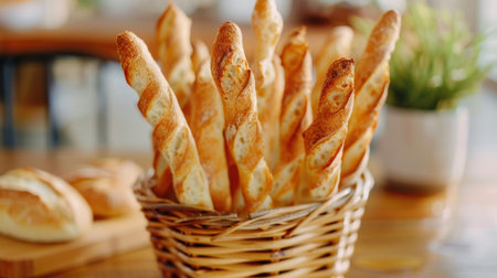 This captivating image features a rustic basket filled with golden-brown breadsticks, ideal for enhancing any culinary setting. Perfect for showcasing delicious baked goods.の素材
