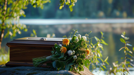 A tranquil setting featuring a wooden casket adorned with a vibrant bouquet set against a serene lake backdrop, capturing the essence of remembrance and peace.の素材