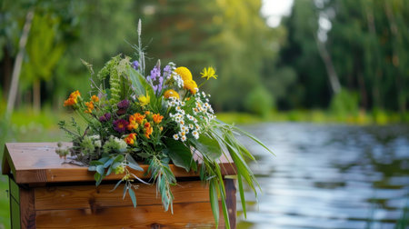 This beautiful floral arrangement on a rustic wooden box captures the essence of nature, blending vibrant colors with a tranquil waterside setting.の素材