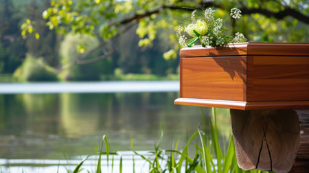 A beautifully crafted wooden casket adorned with delicate flowers, set against a tranquil lake, captures the essence of remembrance and nature's peace.の素材