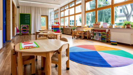 A vibrant and inviting classroom designed for early childhood education, featuring colorful furniture, bright natural light, and engaging learning spaces for children.の素材