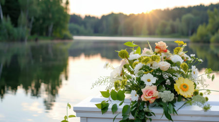 A stunning floral arrangement placed on an outdoor table by a tranquil lake at sunset. The vibrant colors and soft light create a peaceful atmosphere, perfect for celebrations or romantic moments.の素材