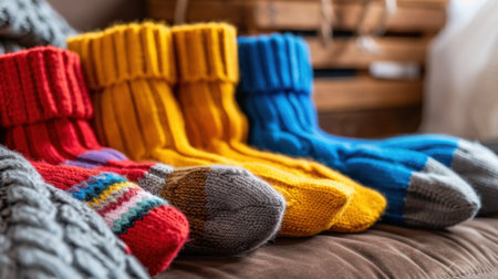 A delightful display of cozy, knitted socks in bright colors, showcasing a warm and inviting atmosphere perfect for winter lounging at home.の素材