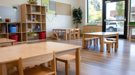 A warm and welcoming early childhood classroom featuring wooden furniture, ample natural light, and a variety of engaging learning materials for young children.の素材