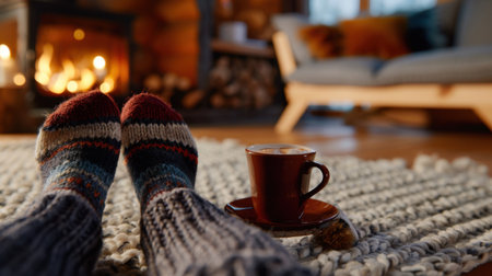 Experience the essence of cozy living as you relax by the fireplace with warm socks and a comforting drink in a rustic cabin. Enjoy the serene atmosphere.の素材