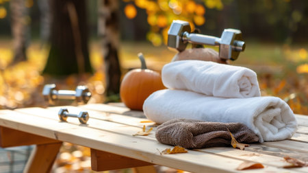 A serene outdoor scene featuring neatly arranged white towels, dumbbells, and a pumpkin, surrounded by colorful autumn leaves, promoting a healthy lifestyle.の素材