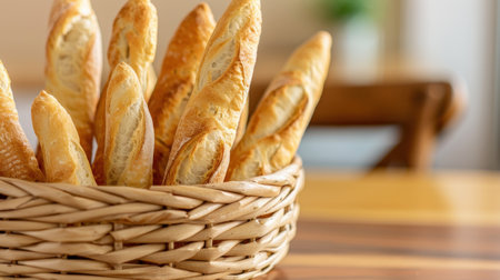 A beautiful arrangement of freshly baked baguettes placed in a rustic wicker basket, highlighting the warm golden crust and inviting aroma, perfect for any meal.の素材