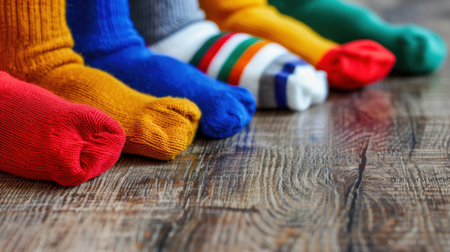 A charming display of colorful socks lined up on a rustic wooden floor, embodying comfort and warmth. Ideal for showcasing cozy footwear and joyful indoor lifestyles.の素材