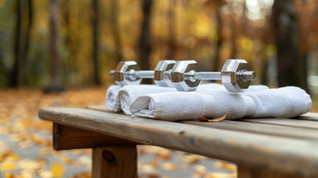 A serene scene featuring gleaming dumbbells on a wooden bench, complemented by fresh towels and surrounded by a vibrant autumn landscape.の素材