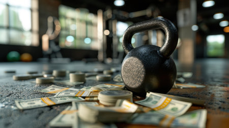 This dynamic image showcases a kettlebell lying amidst scattered dollar bills, blending themes of fitness and wealth in a modern gym setting.の素材