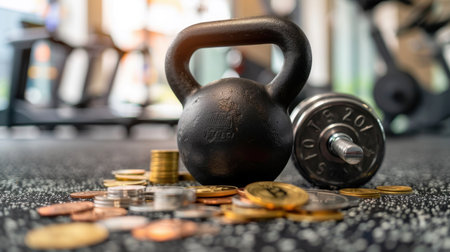 This image captures a kettlebell and dumbbell resting on a gym floor alongside various coins, symbolizing the investment in fitness and health.の素材