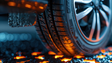 Captivating close-up image of a car tire resting on wet asphalt, showcasing intricate tread patterns and vibrant reflections from neon light sources.の素材