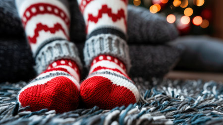 A pair of cozy Christmas socks rests comfortably on a textured rug, surrounded by soft cushions and gentle holiday lights creating a warm, festive ambiance.の素材