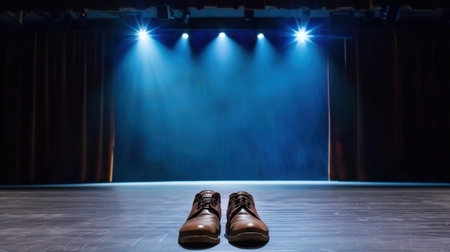 A pair of brown leather shoes positioned on an empty stage, illuminated by bright lights. This image symbolizes preparation and artistic expression in performance art.の素材