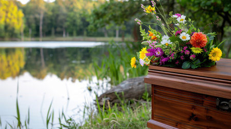 A tranquil scene depicting a wooden casket adorned with a vibrant floral arrangement by a peaceful lake, capturing the essence of love and remembrance.の素材