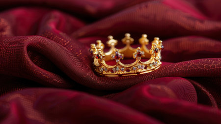 This striking image showcases an elegant gold crown adorned with purple gems resting on a luxurious burgundy fabric, perfect for conveying themes of royalty and opulence.の素材