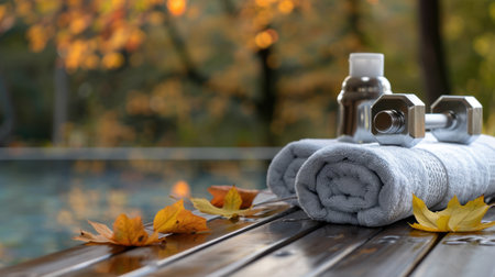 A serene scene featuring gray towels and a dumbbell on wooden decking near a pool, surrounded by vibrant autumn leaves, promoting relaxation and fitness.の素材