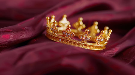 This stunning golden crown, embellished with beautiful gemstones, rests gracefully on rich burgundy fabric, evoking luxury and elegance for any occasion.の素材