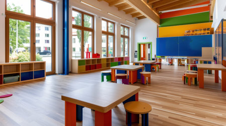 A spacious and well-lit classroom featuring colorful wooden furniture and large windows that foster a bright and welcoming learning environment.の素材