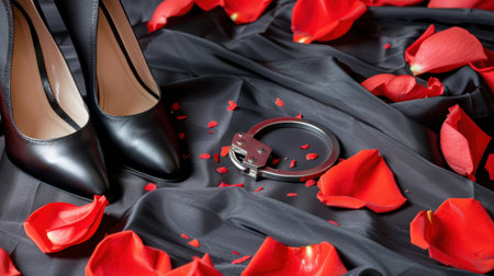A striking arrangement featuring elegant black high heels, red rose petals, and metal handcuffs on soft black fabric, creating a dramatic and romantic scene.の素材