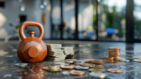 A vintage dumbbell placed next to stacks of cash and various coins on a gym floor, showcasing the blend of fitness and finance in an inspiring workout environment.の素材