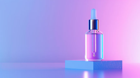 A stunning beauty serum bottle with a dropper showcased on a minimalist pedestal, set against a soft pastel pink and blue background, perfect for skincare promotion.の素材